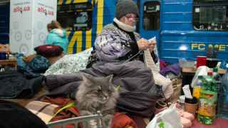 Женщина с кошкой в убежище в харьковском метро.